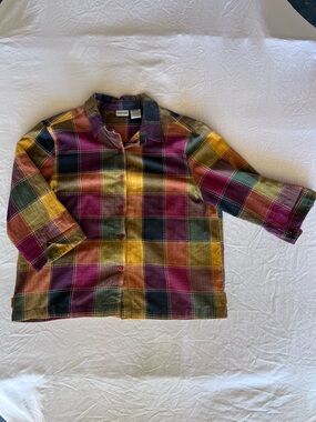 Cabin Creek Multicolor Plaid Cotton Collared 3/4 Sleeve Button-Up Blouse XL